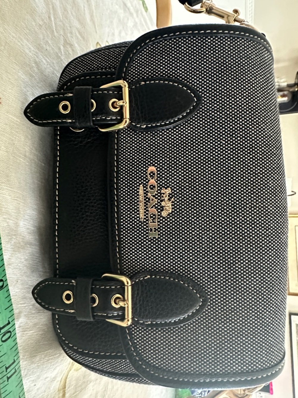 Coach Black and White Canvas Messenger Bag with Gold Hardware